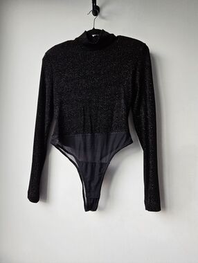Cache Vintage Black With Silver Beaded Studs Gauzey Mock Turtleneck Bodysuit